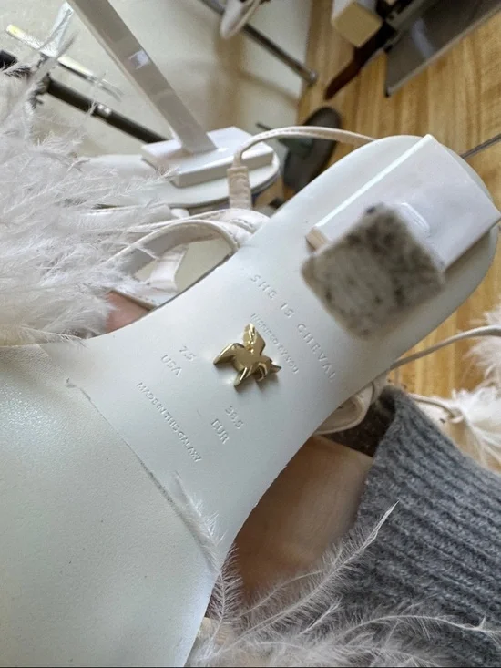 White Feather-Trim Strappy High Heels - Picture 5 of 10